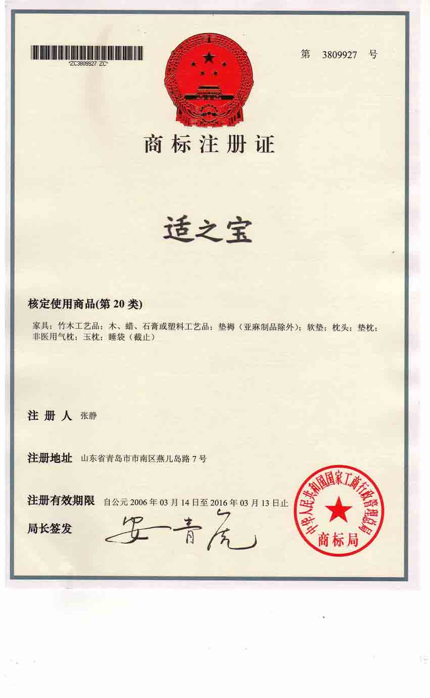 “适之宝”获得国家工商局商标局的商标证书，成为中国枕头专业运营领域唯一的